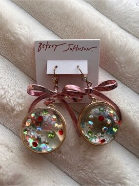 Betsey Johnson Pink Ribbon Confetti Snow Globe Ornament Earrings!